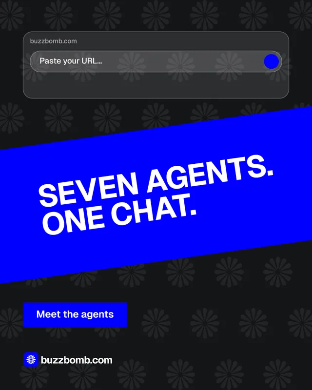 Instagram portrait post for BuzzBomb: "Seven agents. One chat." Split block style, diagonal layout, dark palette in blue, black.