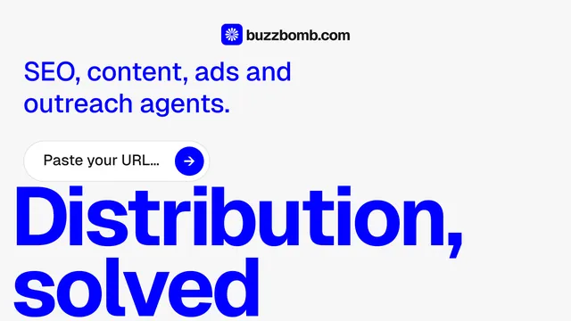 Landscape graphic for BuzzBomb: "Your AI marketing team." Agentic glass style, oversized layout, light palette in white, blue.