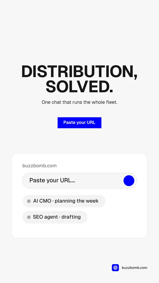 Instagram story for BuzzBomb: "Distribution, solved." Swiss style, centred layout, light palette in white, grey.