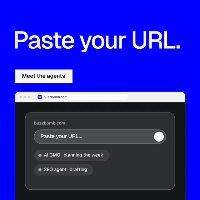 Instagram post for BuzzBomb: "Paste your URL." Swiss style, browser layout, dark palette in blue, black, grey.