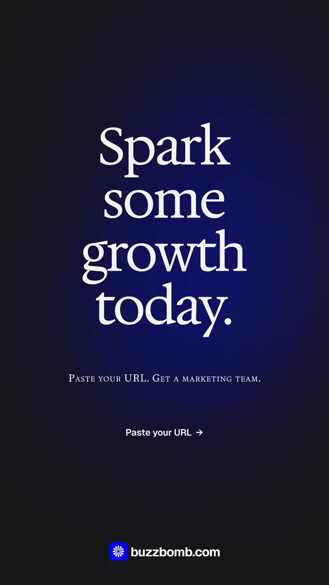 Instagram story for BuzzBomb: "Spark some growth today." Agentic glass style, smallcaps layout, dark palette in black, blue.