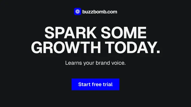 Landscape graphic for BuzzBomb: "Spark some growth today." Split block style, centred layout, dark palette in black, grey.