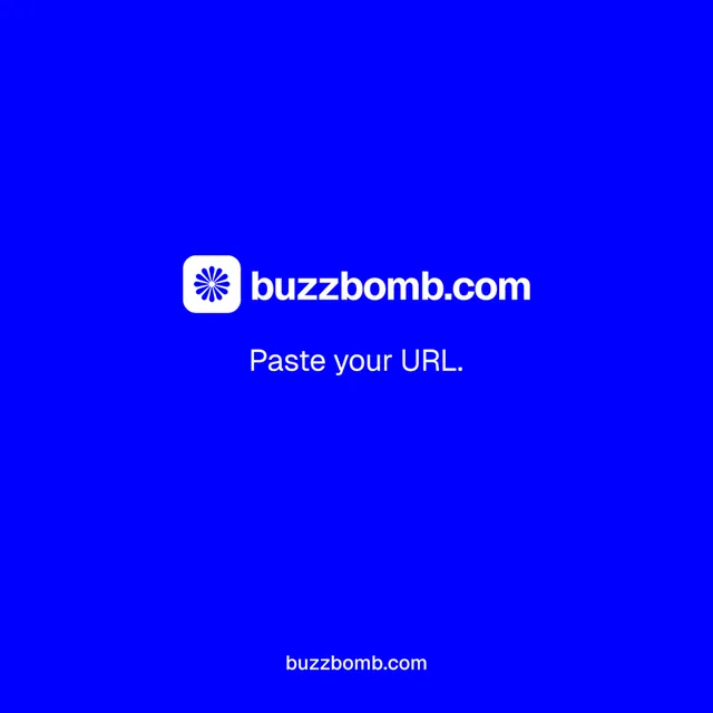 Instagram post for BuzzBomb: "Paste your URL." Brutalist style, end card layout, dark palette in blue.