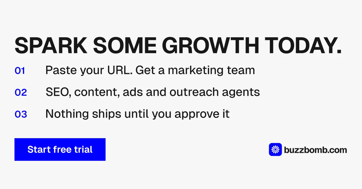 Social ad for BuzzBomb: "Spark some growth today." Swiss style, numbered layout, light palette in white, blue.