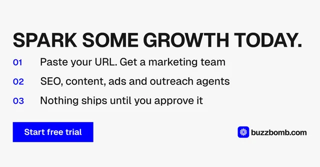 Social ad for BuzzBomb: "Spark some growth today." Swiss style, numbered layout, light palette in white, blue.