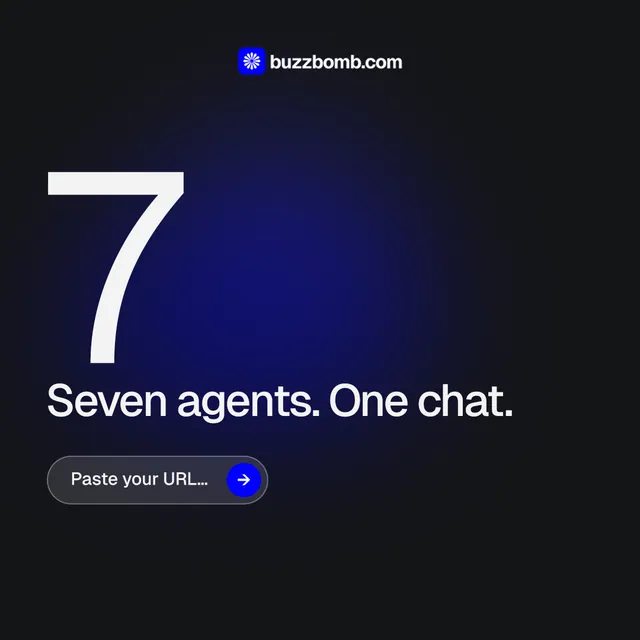 Instagram post for BuzzBomb: "Distribution, solved." Agentic glass style, stat layout, dark palette in black, blue, grey.