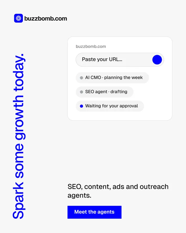Instagram portrait post for BuzzBomb: "Spark some growth today." Swiss style, vertical layout, light palette in white, blue.