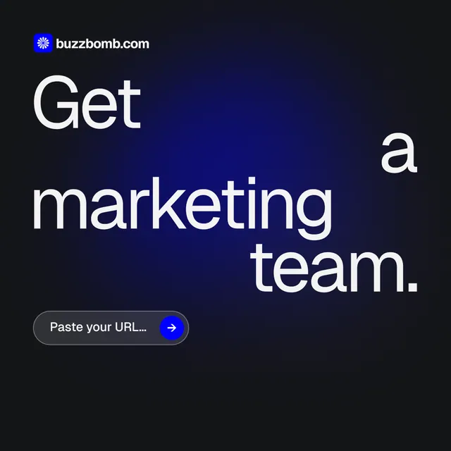 Instagram post for BuzzBomb: "Get a marketing team." Agentic glass style, stacked layout, dark palette in black, blue, grey.