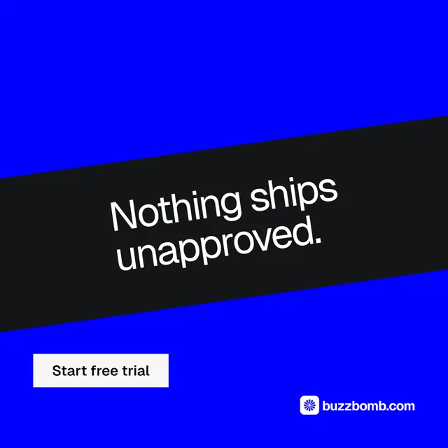 Instagram post for BuzzBomb: "Nothing ships unapproved." Split block style, diagonal layout, dark palette in blue, black, grey.