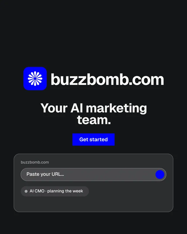 Instagram portrait post for BuzzBomb: "Your AI marketing team." Split block style, logo hero layout, dark palette in black, grey.