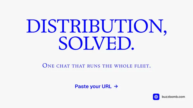 Landscape graphic for BuzzBomb: "Distribution, solved." Swiss style, smallcaps layout, light palette in white, blue.