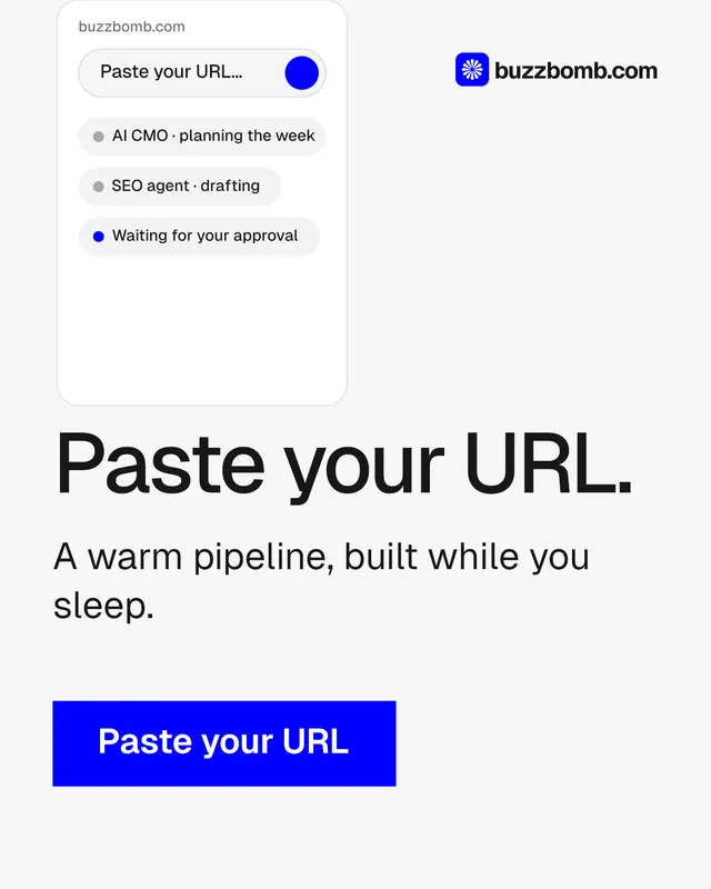 Instagram portrait post for BuzzBomb: "Paste your URL." Swiss style, skeleton layout, light palette in white, blue.