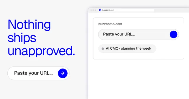 Social ad for BuzzBomb: "Nothing ships unapproved." Agentic glass style, browser layout, light palette in white, blue.