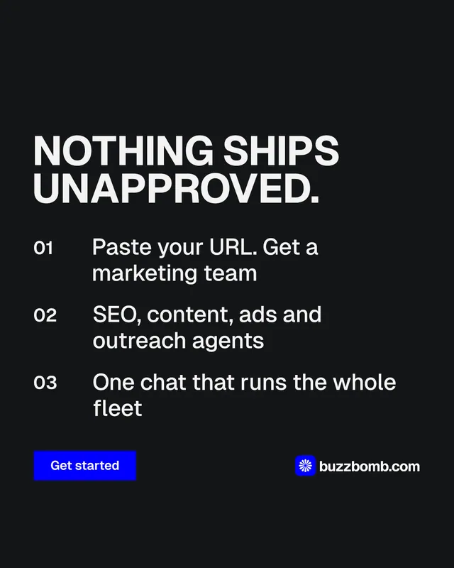 Instagram portrait post for BuzzBomb: "Nothing ships unapproved." Swiss style, numbered layout, dark palette in black, grey.