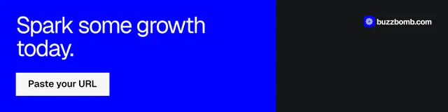 LinkedIn banner for BuzzBomb: "Spark some growth today." Split block style, skeleton layout, dark palette in blue, black.