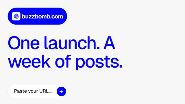 Landscape graphic for BuzzBomb: "One launch. A week of posts." Agentic glass style, announce layout, light palette in white, blue.