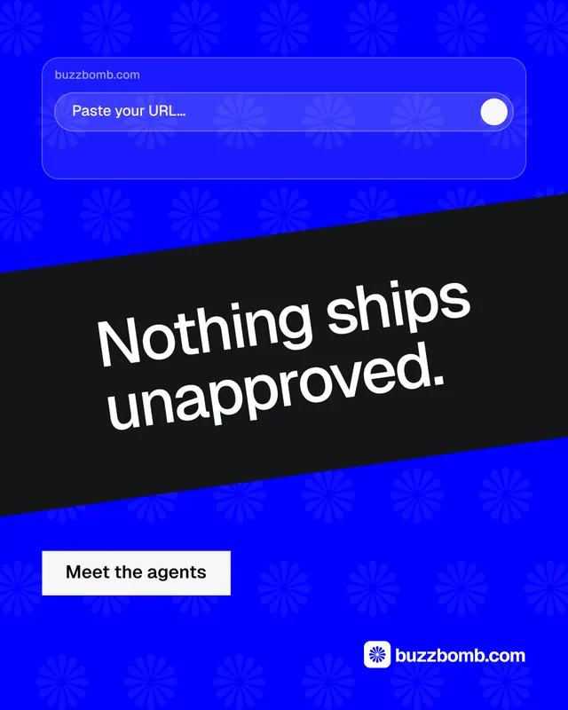 Instagram portrait post for BuzzBomb: "Nothing ships unapproved." Split block style, diagonal layout, dark palette in blue, black.