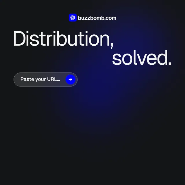 Instagram post for BuzzBomb: "Distribution, solved." Agentic glass style, stacked layout, dark palette in black, blue, grey.