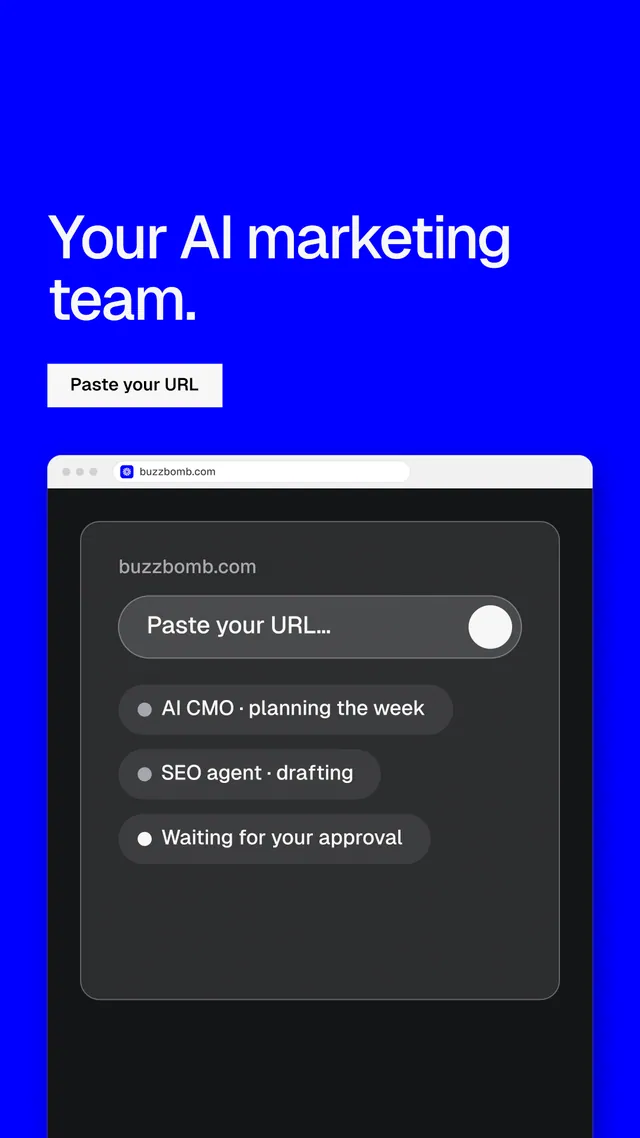 Instagram story for BuzzBomb: "Your AI marketing team." Split block style, browser layout, dark palette in blue, grey.