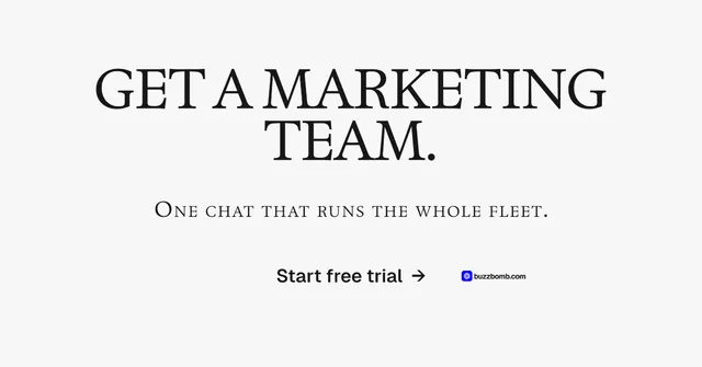 Social ad for BuzzBomb: "Get a marketing team." Swiss style, smallcaps layout, light palette in white, grey.