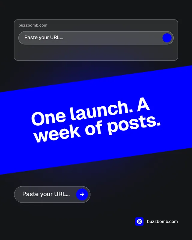 Instagram portrait post for BuzzBomb: "One launch. A week of posts." Agentic glass style, diagonal layout, dark palette in black, blue.