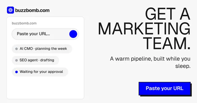 Social ad for BuzzBomb: "Get a marketing team." Brutalist style, right layout, light palette in white, blue.