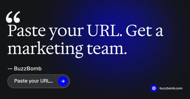 Social ad for BuzzBomb: "Get a marketing team." Agentic glass style, quote layout, dark palette in black, blue, grey.