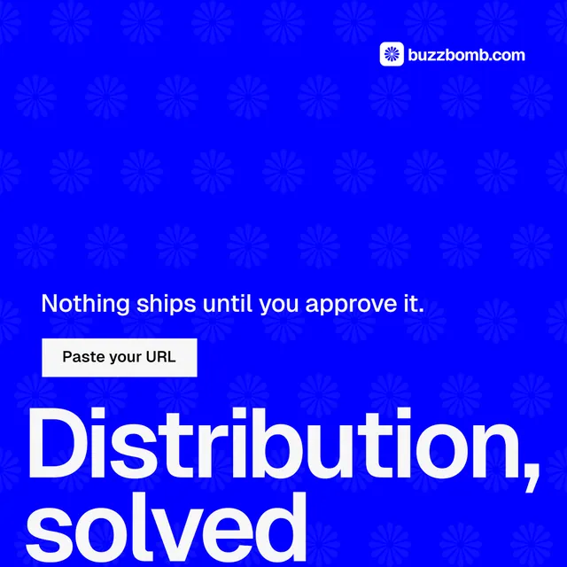 Instagram post for BuzzBomb: "Distribution, solved." Split block style, oversized layout, dark palette in blue.