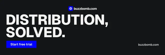 X header for BuzzBomb: "Distribution, solved." Brutalist style, poster layout, dark palette in black, grey.