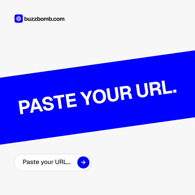 Instagram post for BuzzBomb: "Paste your URL." Agentic glass style, diagonal layout, light palette in white, blue.
