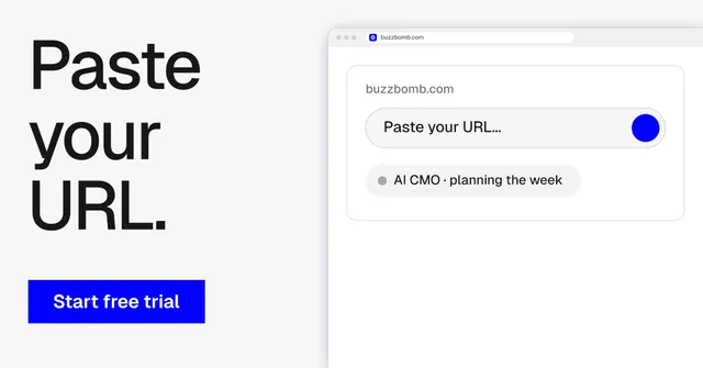 Social ad for BuzzBomb: "Paste your URL." Swiss style, browser layout, light palette in white, blue.