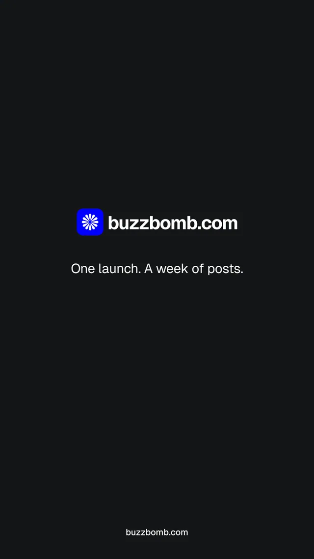 Instagram story for BuzzBomb: "One launch. A week of posts." Swiss style, end card layout, dark palette in black.