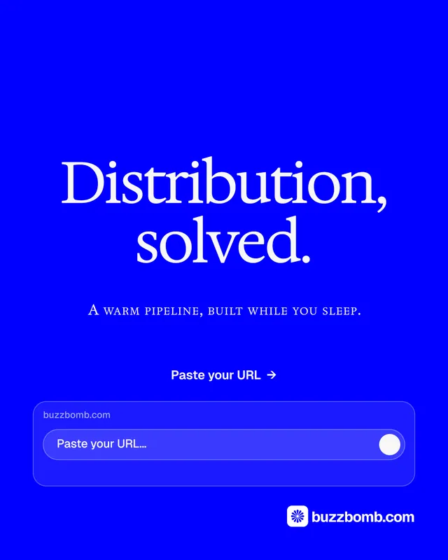 Instagram portrait post for BuzzBomb: "Distribution, solved." Split block style, smallcaps layout, dark palette in blue.