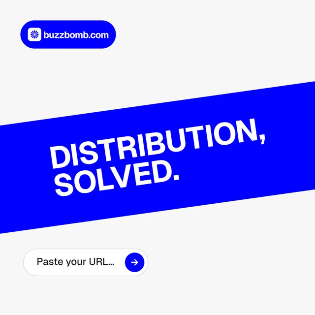 Instagram post for BuzzBomb: "Distribution, solved." Agentic glass style, diagonal layout, light palette in white, blue.