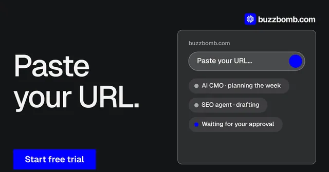 Social ad for BuzzBomb: "Paste your URL." Swiss style, bottom layout, dark palette in black, grey.