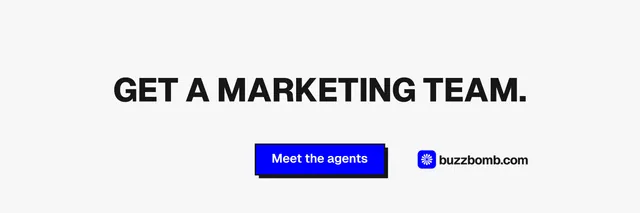 X header for BuzzBomb: "Get a marketing team." Brutalist style, centred layout, light palette in white, blue.