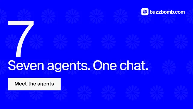 Landscape graphic for BuzzBomb: "Paste your URL." Split block style, stat layout, dark palette in blue.