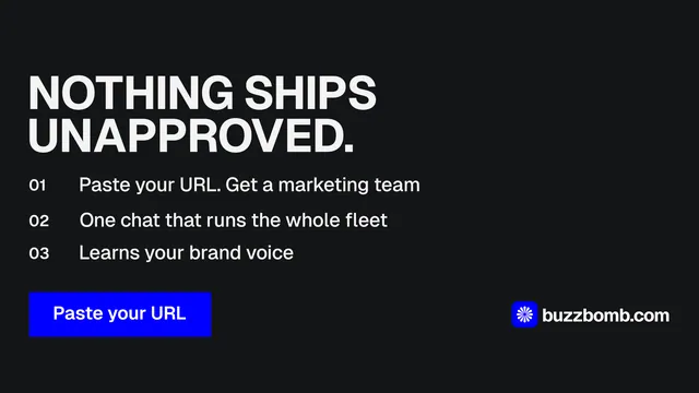 Landscape graphic for BuzzBomb: "Nothing ships unapproved." Split block style, numbered layout, dark palette in black, grey.