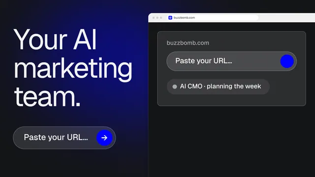 Landscape graphic for BuzzBomb: "Your AI marketing team." Agentic glass style, browser layout, dark palette in black, blue, grey.