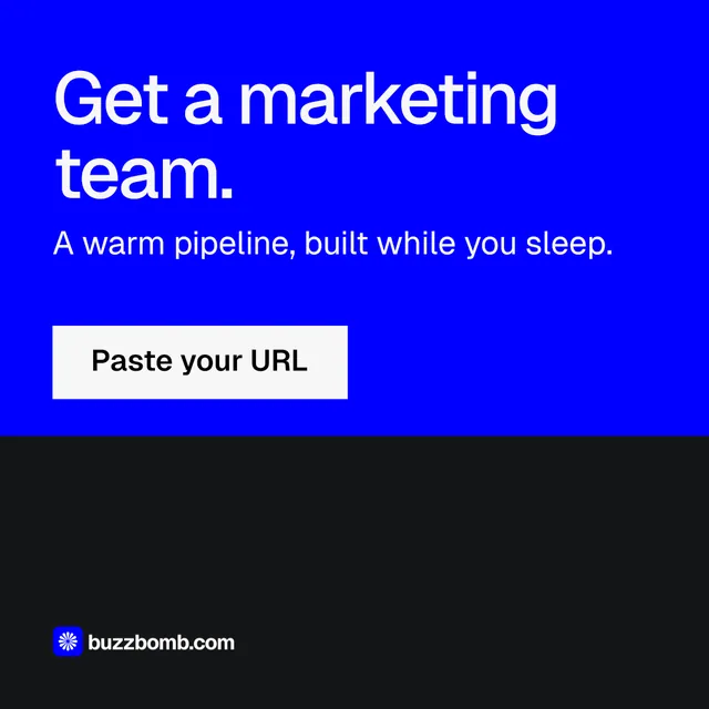 Instagram post for BuzzBomb: "Get a marketing team." Split block style, skeleton layout, dark palette in blue, black.