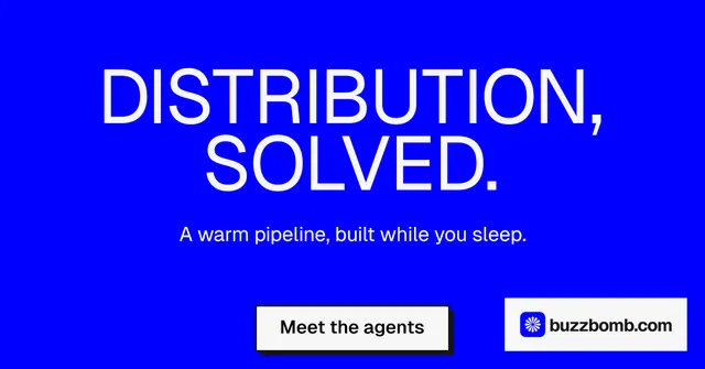 Social ad for BuzzBomb: "Distribution, solved." Brutalist style, centred layout, dark palette in blue.