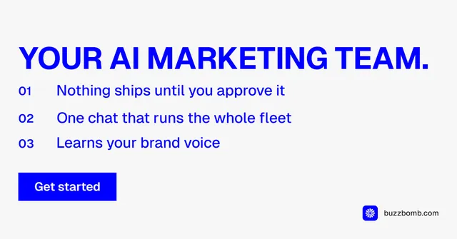 Social ad for BuzzBomb: "Your AI marketing team." Swiss style, numbered layout, light palette in white, blue.