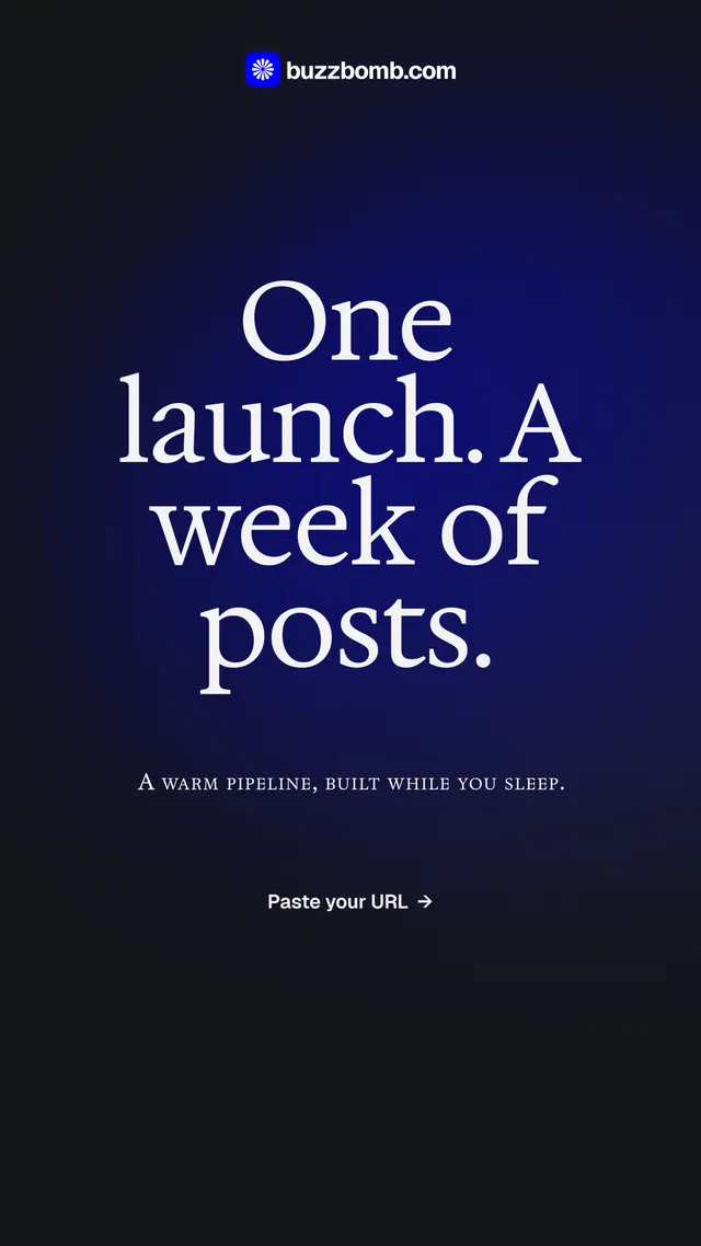Instagram story for BuzzBomb: "One launch. A week of posts." Agentic glass style, smallcaps layout, dark palette in blue, black.