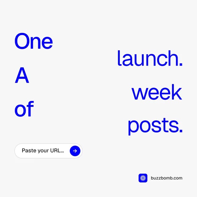 Instagram post for BuzzBomb: "One launch. A week of posts." Agentic glass style, stacked layout, light palette in white.