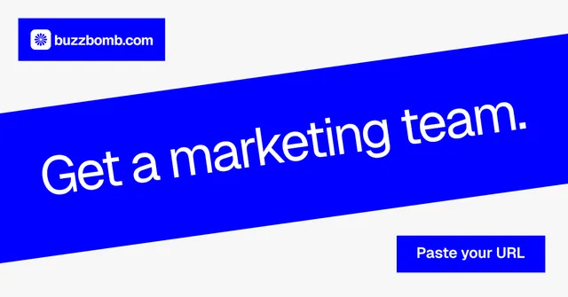 Social ad for BuzzBomb: "Get a marketing team." Swiss style, diagonal layout, light palette in blue, white.