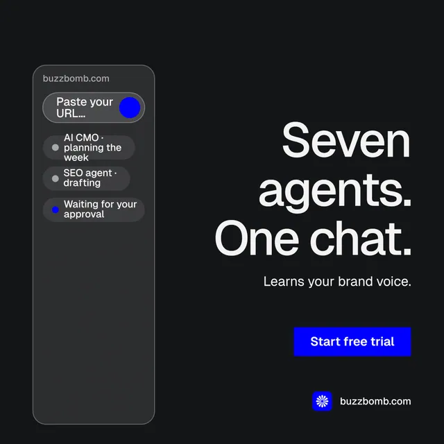 Instagram post for BuzzBomb: "Seven agents. One chat." Split block style, right layout, dark palette in black, grey.