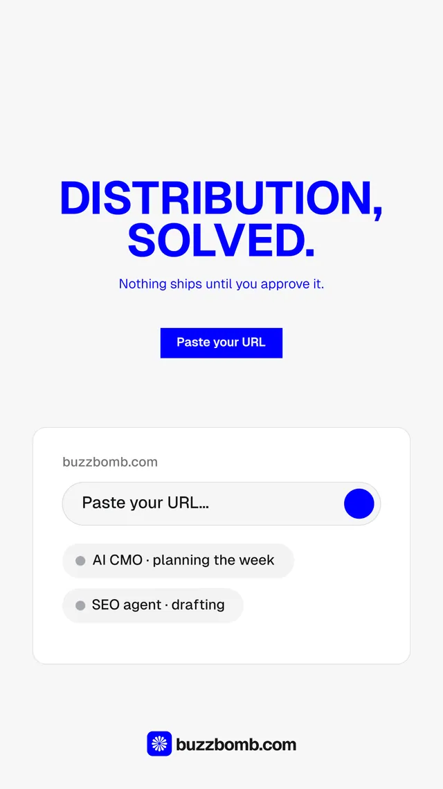 Instagram story for BuzzBomb: "Distribution, solved." Swiss style, centred layout, light palette in white, blue.