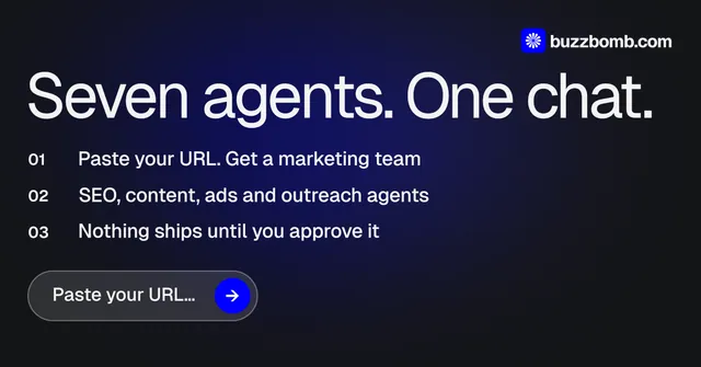 Social ad for BuzzBomb: "Seven agents. One chat." Agentic glass style, numbered layout, dark palette in black, blue, grey.
