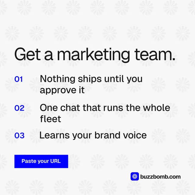 Instagram post for BuzzBomb: "Get a marketing team." Swiss style, numbered layout, light palette in white, blue.