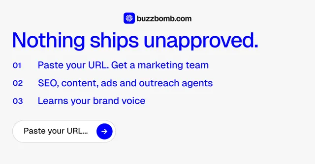 Social ad for BuzzBomb: "Nothing ships unapproved." Agentic glass style, numbered layout, light palette in white, blue.